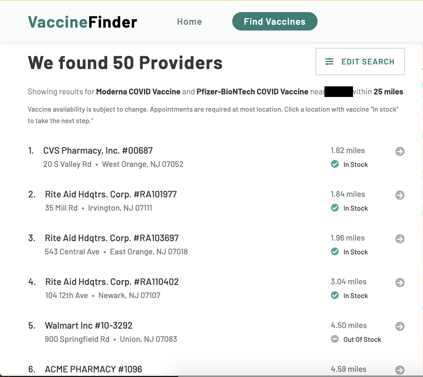 vaccine finder results